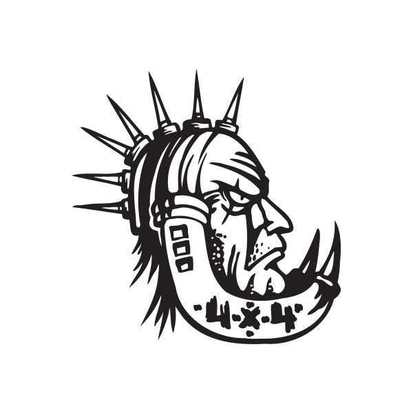 Tribal off-road man face decal with spiked helmet, black graphic on white