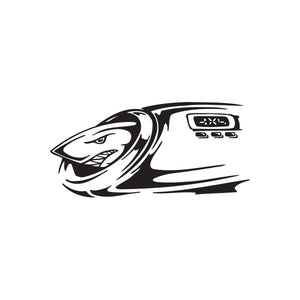 Shark exhaust decal sticker with black and white roaring shark graphic
