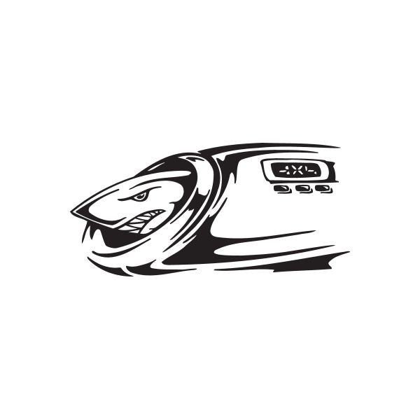 Shark exhaust decal sticker with black and white roaring shark graphic
