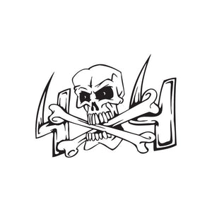 Skull and crossbones decal with black-and-white crossed swords