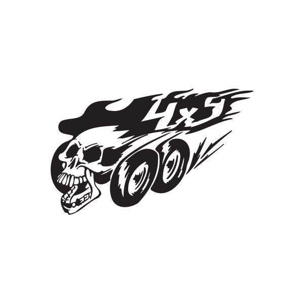 Skull graffiti decal sticker with black flames and white skull by a tire tread