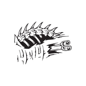 Black spine-themed decal with jagged vertebrae and two circular accents