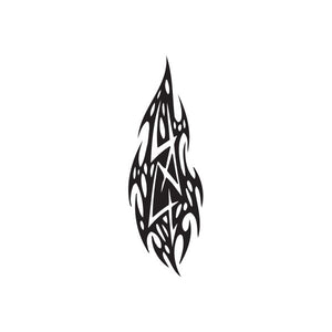 Tribal text decal, black leaf-shaped design with white script lines