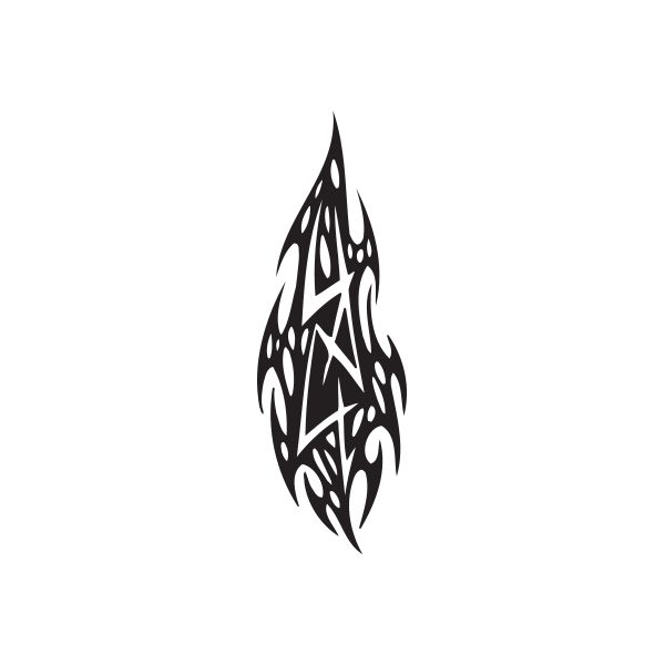 Tribal text decal, black leaf-shaped design with white script lines