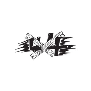 4x4 wood decal with graffiti-style crossed letters