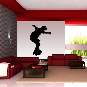 Black skateboarder silhouette wall decal with skateboard graphic
