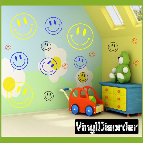 Happy face smiley vinyl wall decal set with multiple colorful faces and symbols