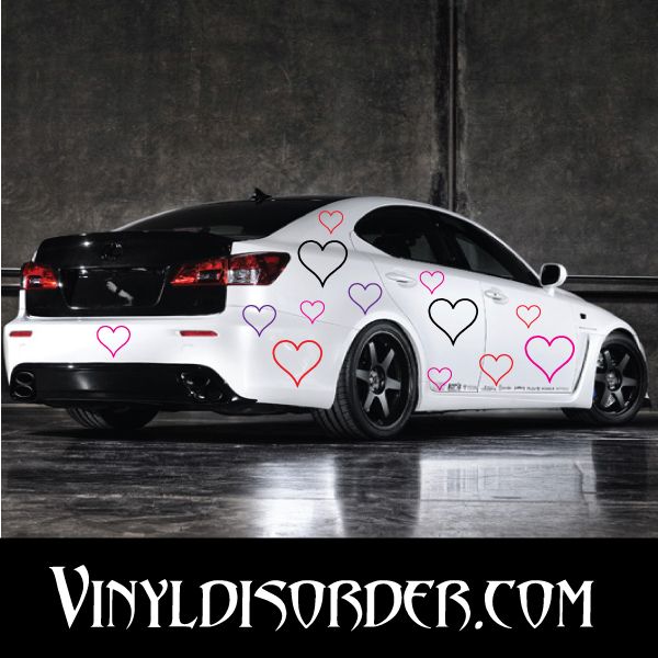 Heart outline vinyl decals on white car, red and black heart outlines