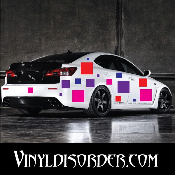 Vinyl square decal kit on car door, multicolor pink, blue, and red squares