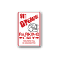 Rectangular parking restriction sticker, red and white '911 Operator Parking Only'