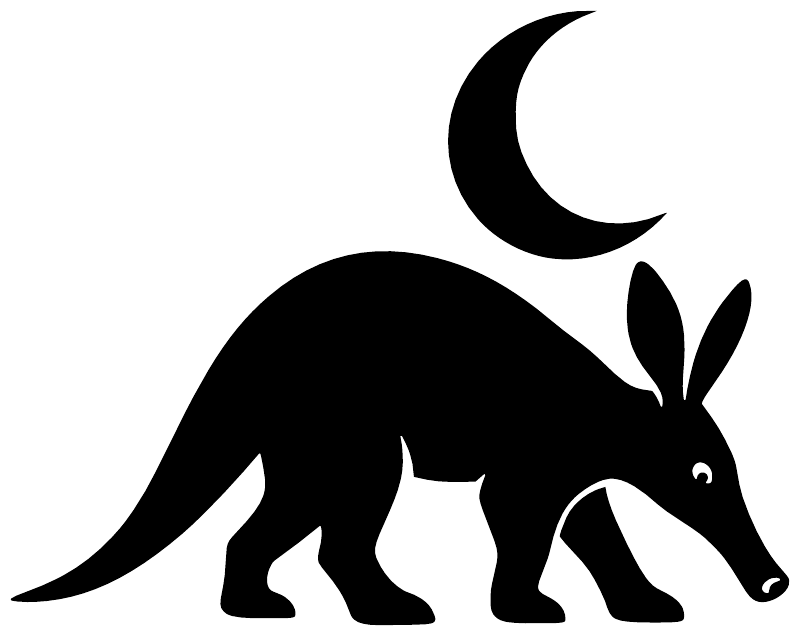 Black vinyl decal closeup: aardvark silhouette with crescent moon and small leaf