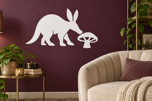 White vinyl decal featuring an aardvark and mushroom
