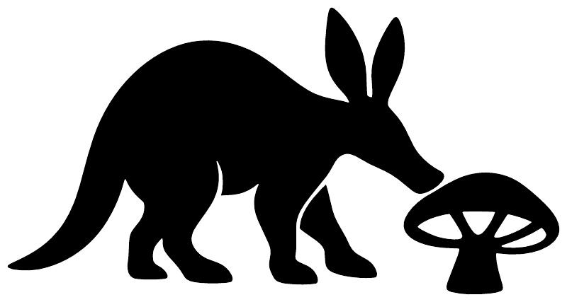 Black vinyl decal silhouette of an aardvark with a mushroom