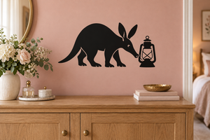 Aardvark and lantern vinyl wall decal, black silhouette with lantern icon