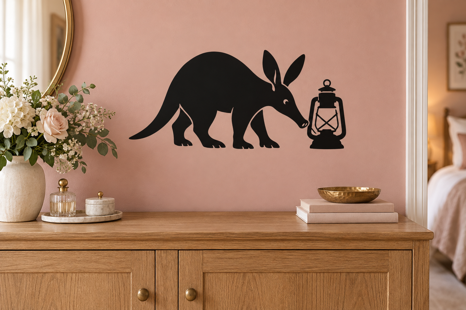 Aardvark and lantern vinyl wall decal, black silhouette with lantern icon