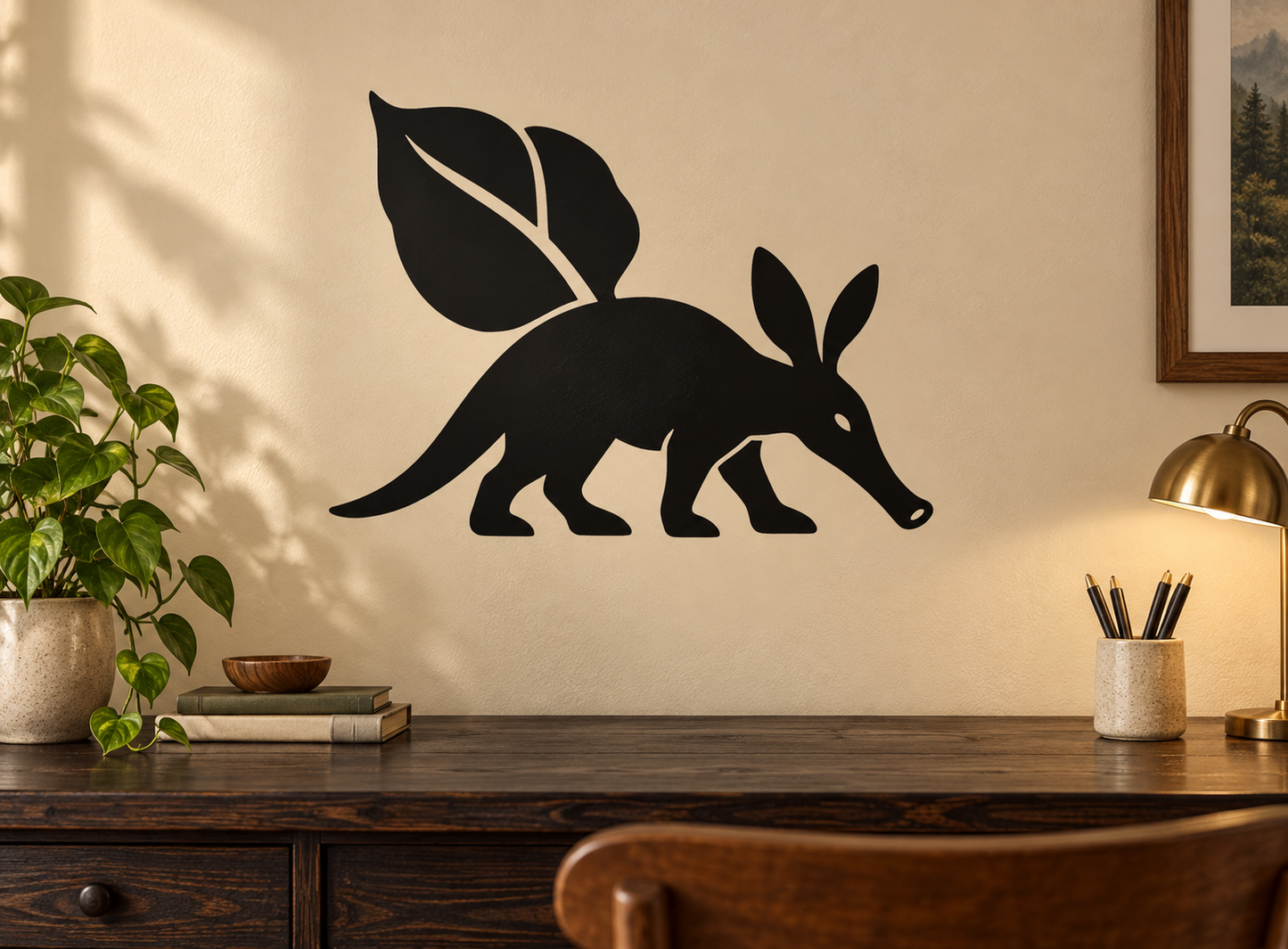 Black aardvark vinyl wall decal with two leaf accents