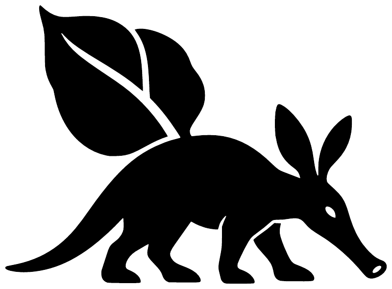 Black aardvark silhouette vinyl decal with leaf above and sprig on back