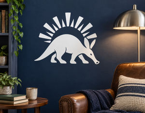 Aardvark vinyl wall decal with white sunburst and running aardvark outline.