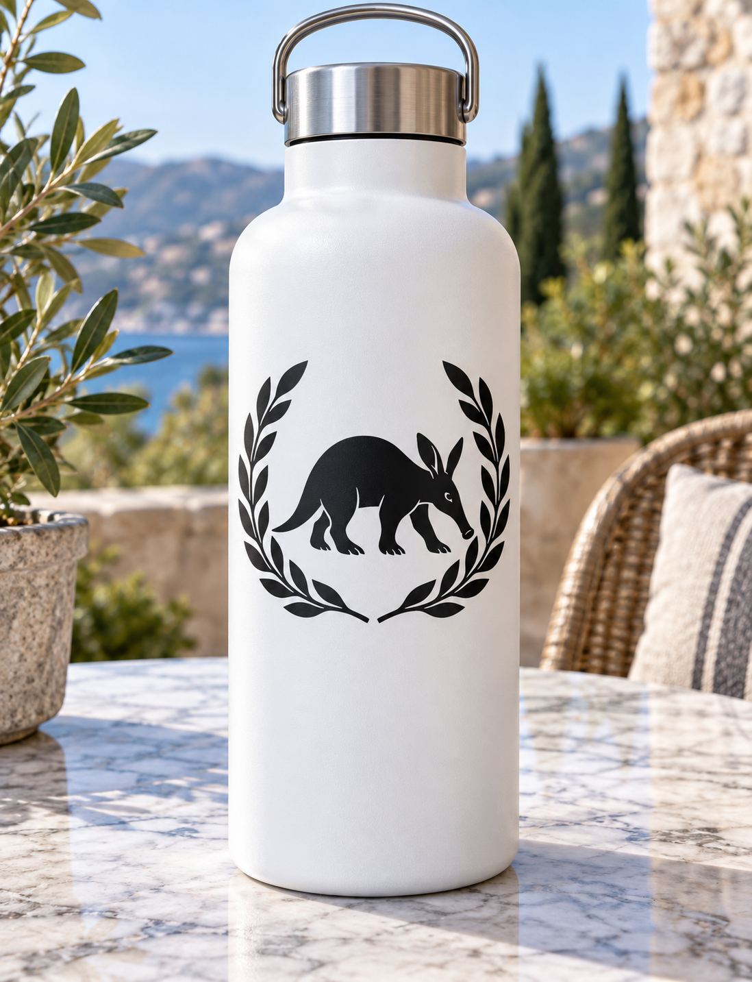 Aardvark laurel vinyl decal on a white bottle with black wreath graphics