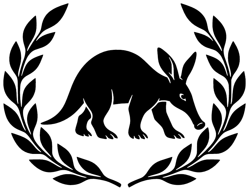 Aardvark silhouette with open laurel wreath vinyl decal, black on white