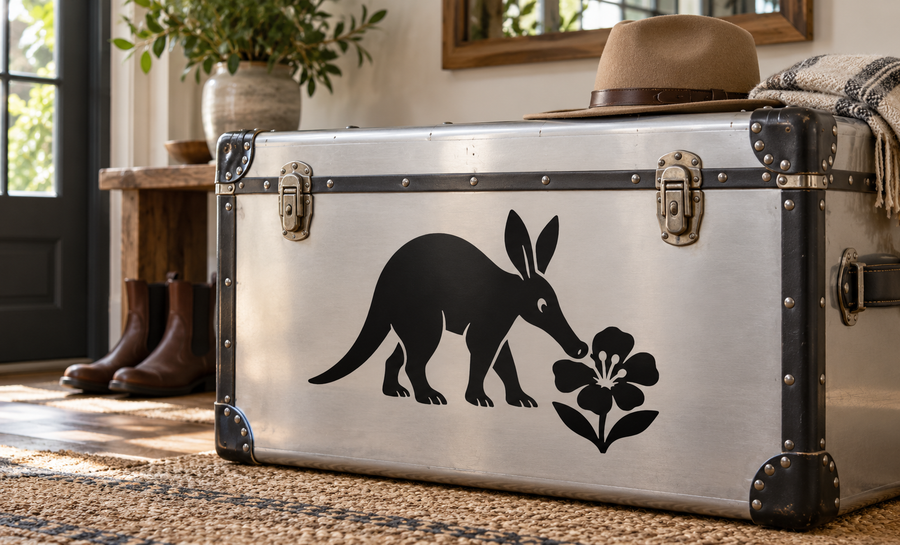 Aardvark and flower vinyl decal in black, shown on a silver metal trunk