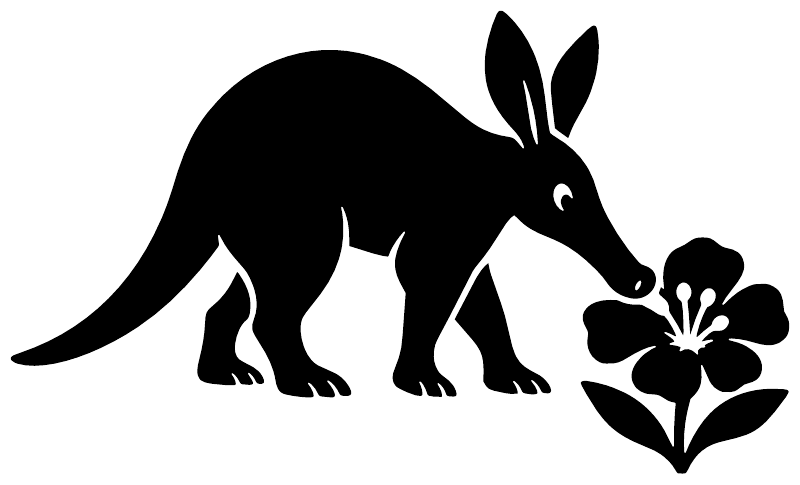 Black aardvark and flower vinyl decal silhouette with small paw-print detail