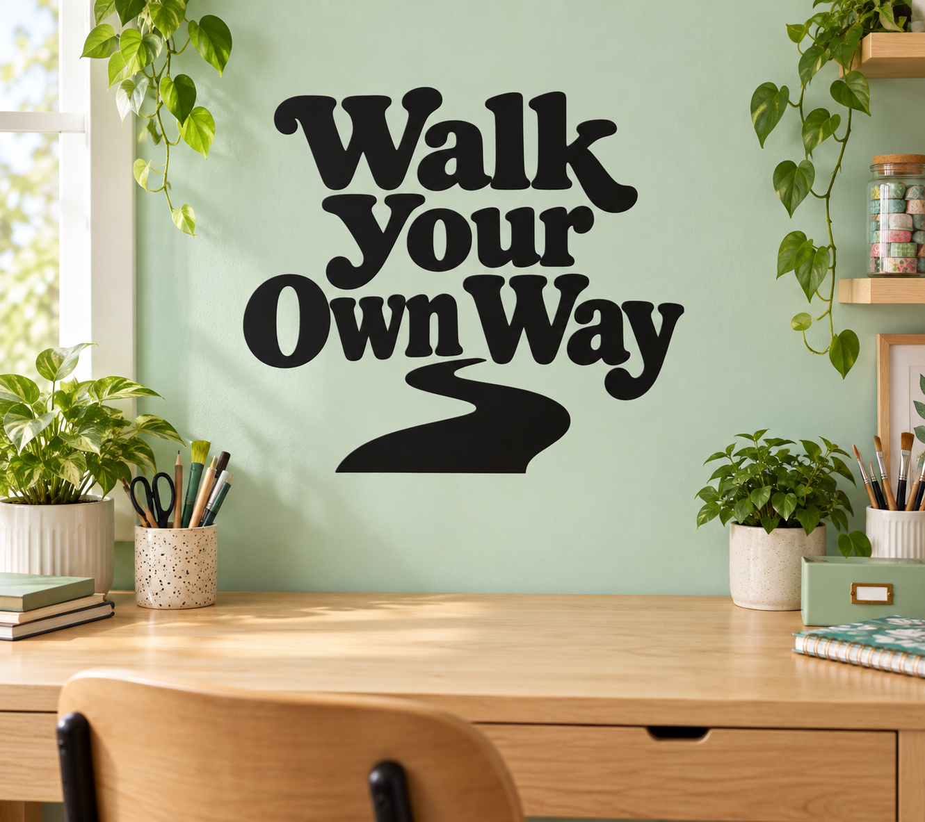 Walk Your Own Way vinyl decal with arrow, black typography