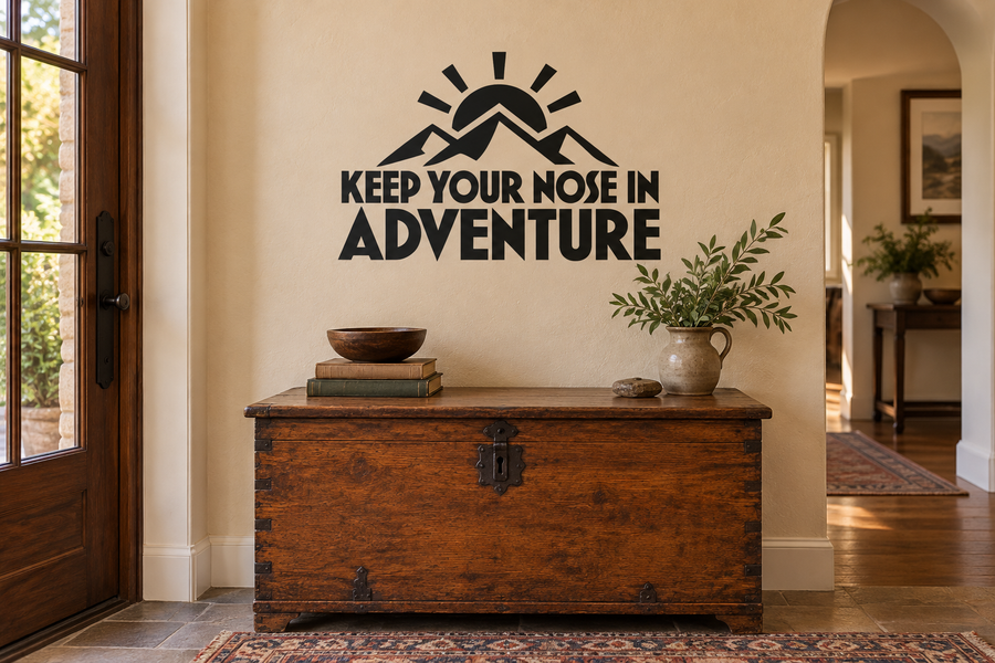 Keep Your Nose in Adventure vinyl decal with mountain and sun icon