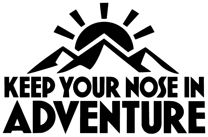 Vinyl decal reading "Keep Your Nose in Adventure" with mountain and sun icon