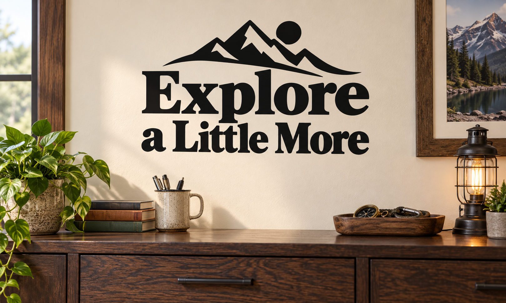 Vinyl wall decal: mountain icon and “Explore a Little More” text.