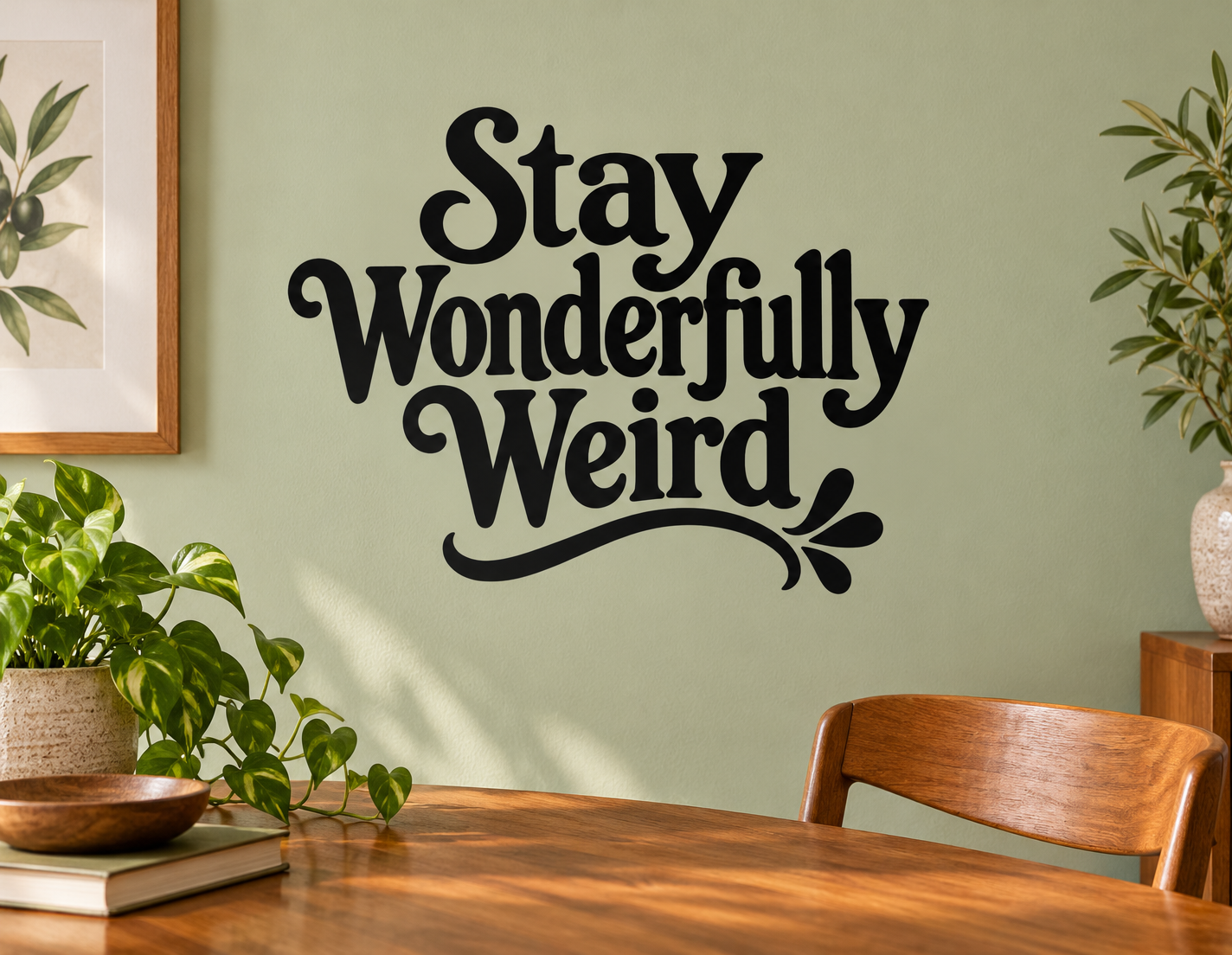 Black vinyl wall decal reading “Stay Wonderfully Weird” with swoosh underline