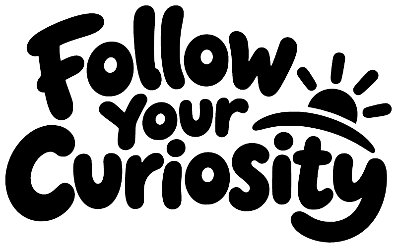 Follow Your Curiosity vinyl decal, large black text with paw-print burst