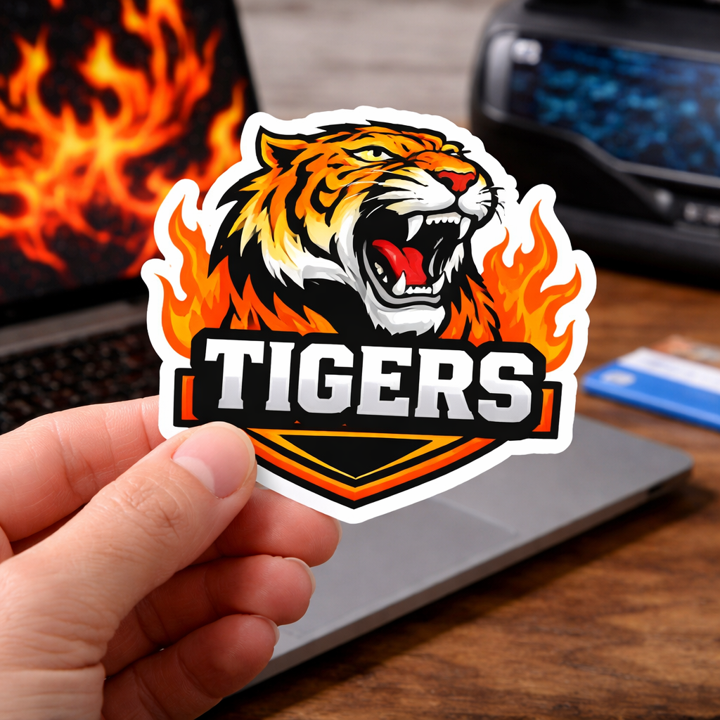 Air-release vinyl sticker with flaming tiger head and TIGERS lettering