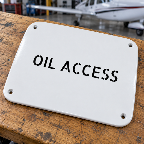 White aircraft access label with black 'OIL ACCESS' text and four corner holes