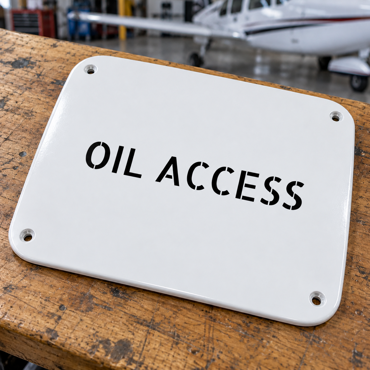 White aircraft access label with black 'OIL ACCESS' text and four corner holes