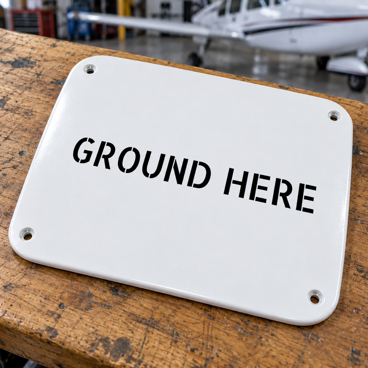 White aircraft label plate with rounded corners, 4 mounting holes, and black “GROUND HERE” text.
