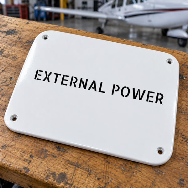 External Power stencil aircraft label plate with rounded corners and 4 mounting holes