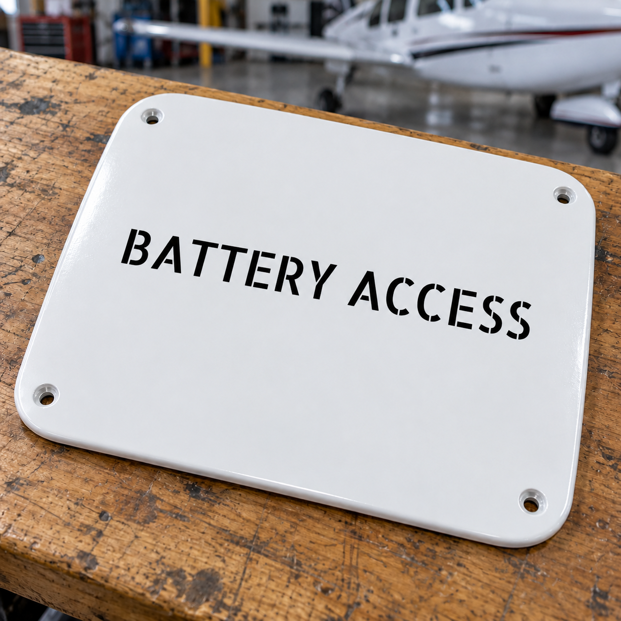 White metal aircraft label plate with rounded corners and “BATTERY ACCESS” text, 4 screws