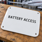 White metal aircraft label plate with rounded corners and “BATTERY ACCESS” text, 4 screws