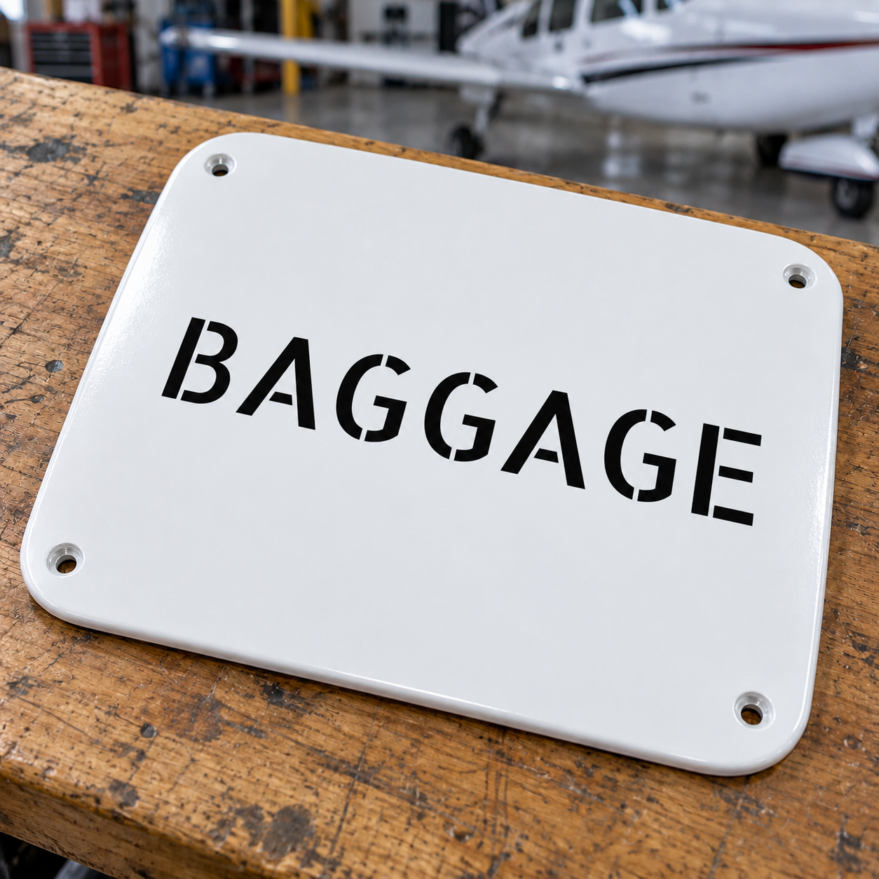 White baggage stencil aircraft label with 'BAGGAGE' and four corner holes