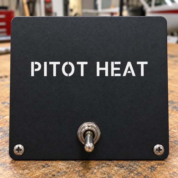 PITOT HEAT aircraft label plate, black matte, with two mounting screws and central stud