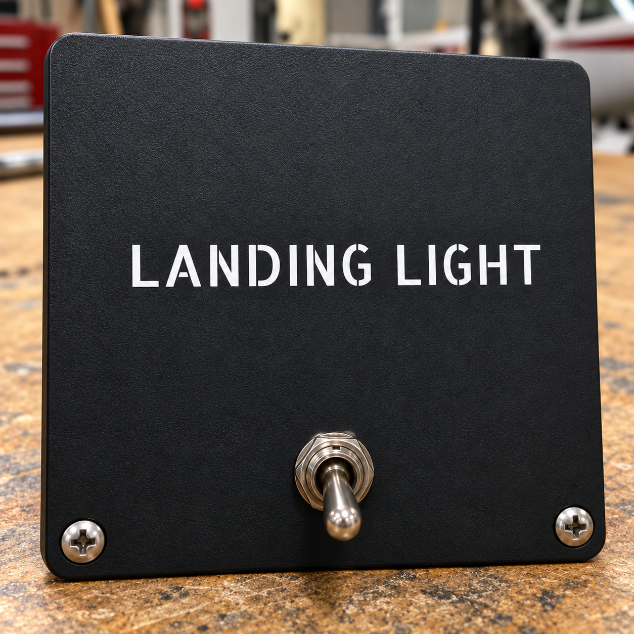 Landing light stencil label plate, black with raised white text and chrome light insert