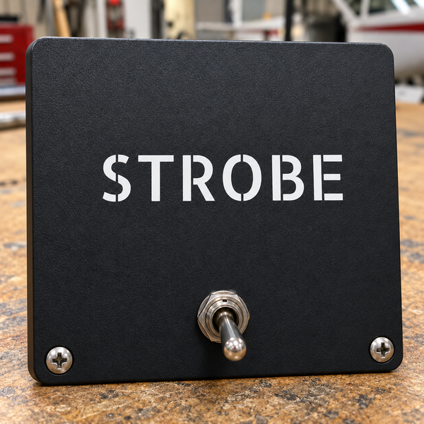 Black STROBE stencil aircraft label with mounting screws and center socket