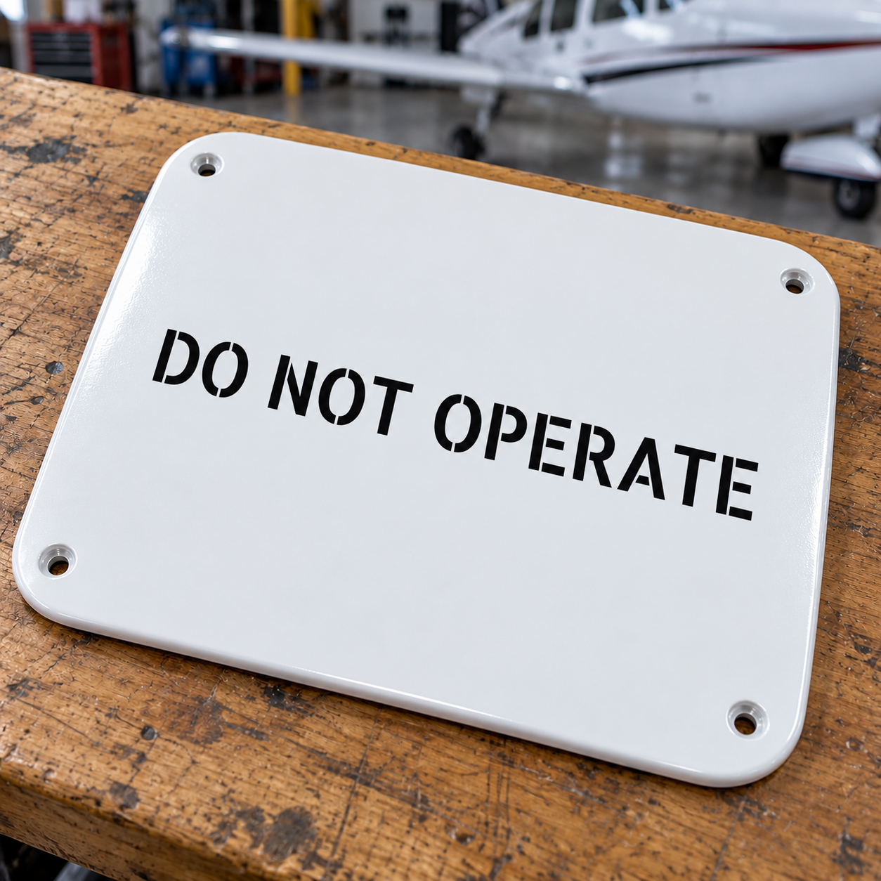 Aircraft safety stencil label: 'DO NOT OPERATE' on white plate with 4 mounting holes