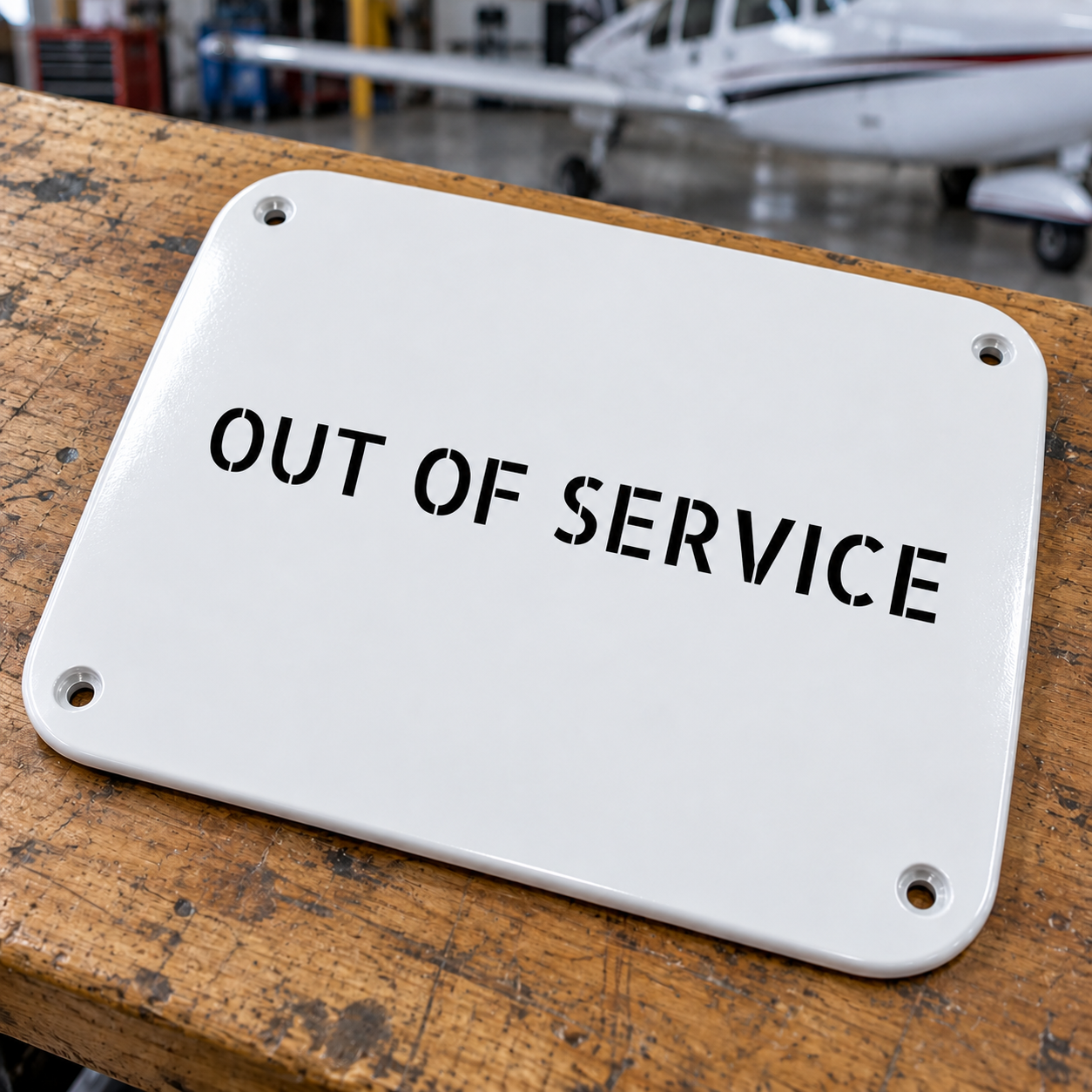 White stencil aircraft label with OUT OF SERVICE text and four corner screw holes