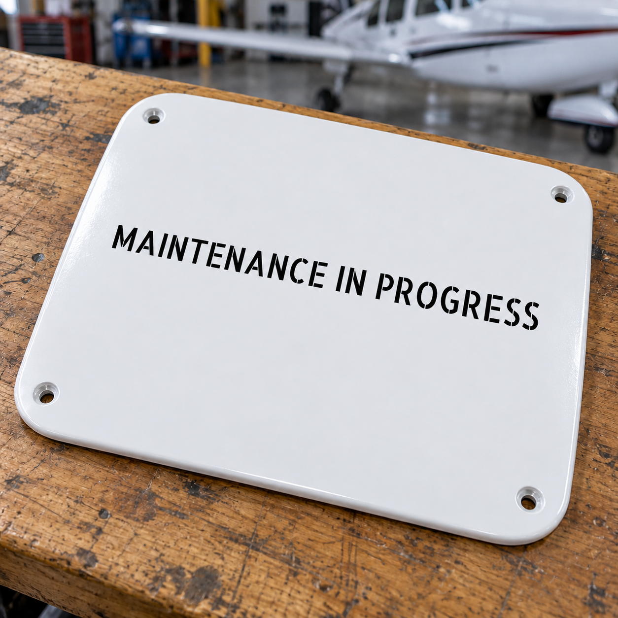 White maintenance in progress label with four mounting holes, stencil aircraft text
