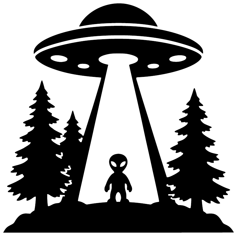 Alien and UFO vinyl decal graphic with pine trees in black and white