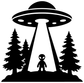 Alien and UFO vinyl decal graphic with pine trees in black and white