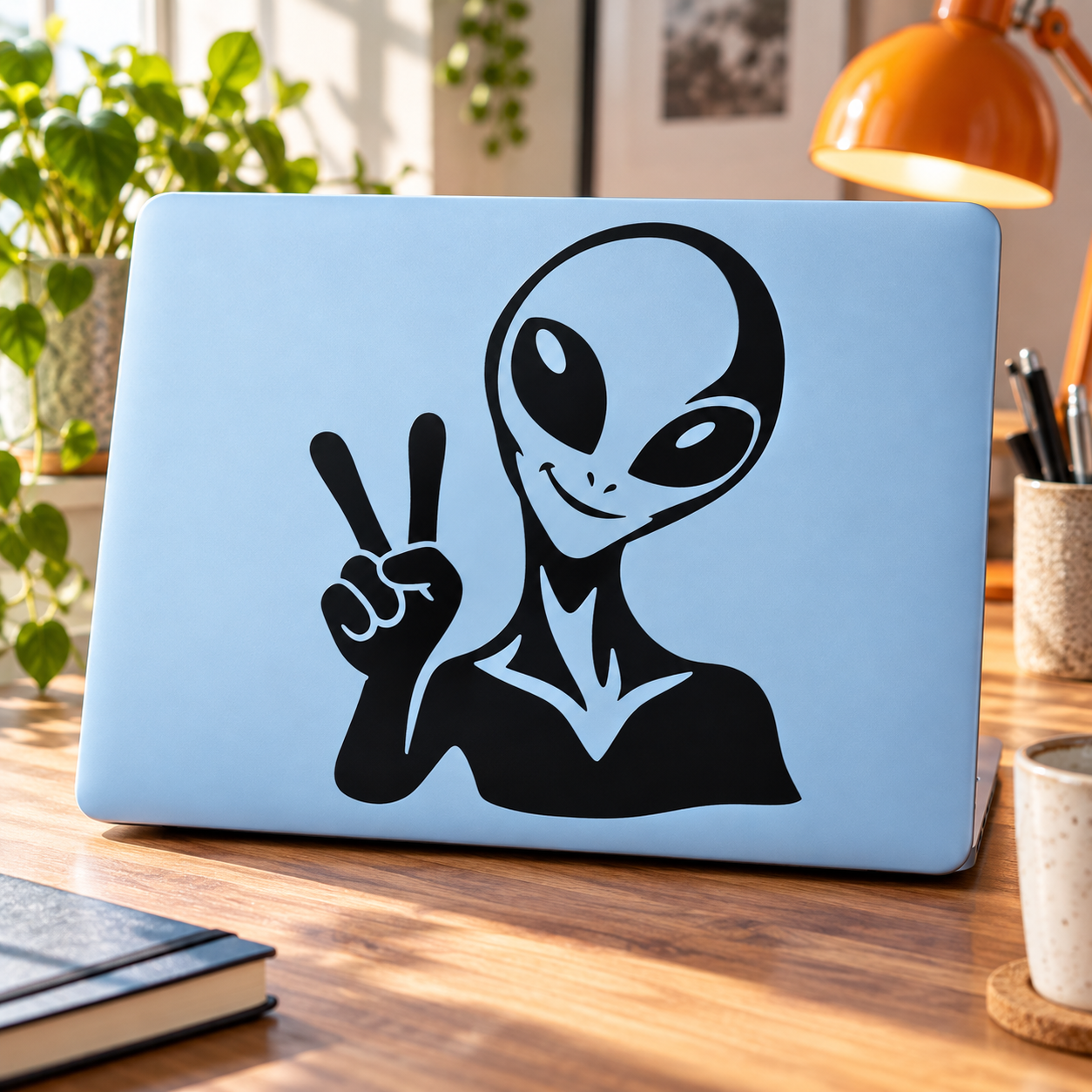 Peace-sign alien vinyl decal sticker, black graphic on light blue laptop lid