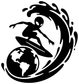 Alien surfer vinyl decal with globe and wave swirl, black design on white background.